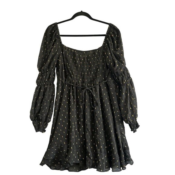 MISS SELFRIDGE Fit & Flare Black Mini Dress with Gold Foil Accents Size 12 NWT - Picture 2 of 11